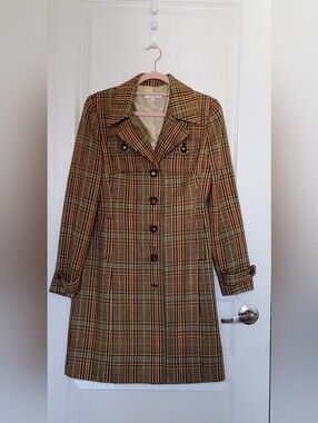 Retro Plaid Wool‑Blend Coat – Size 8